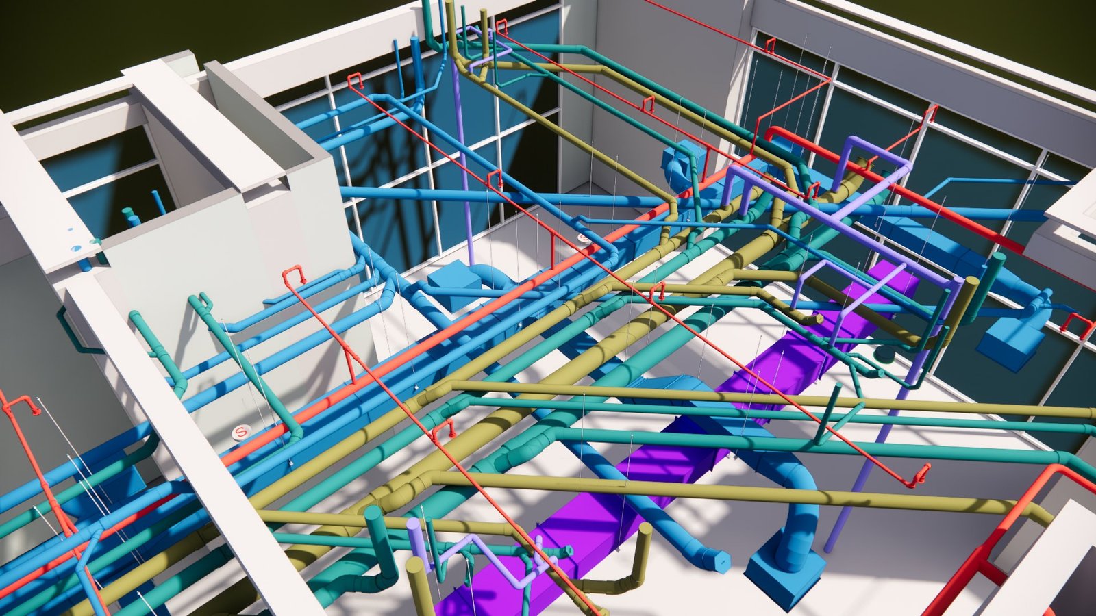 Dense ceiling void services routing — ductwork, hydronic piping and cable tray coordinated together