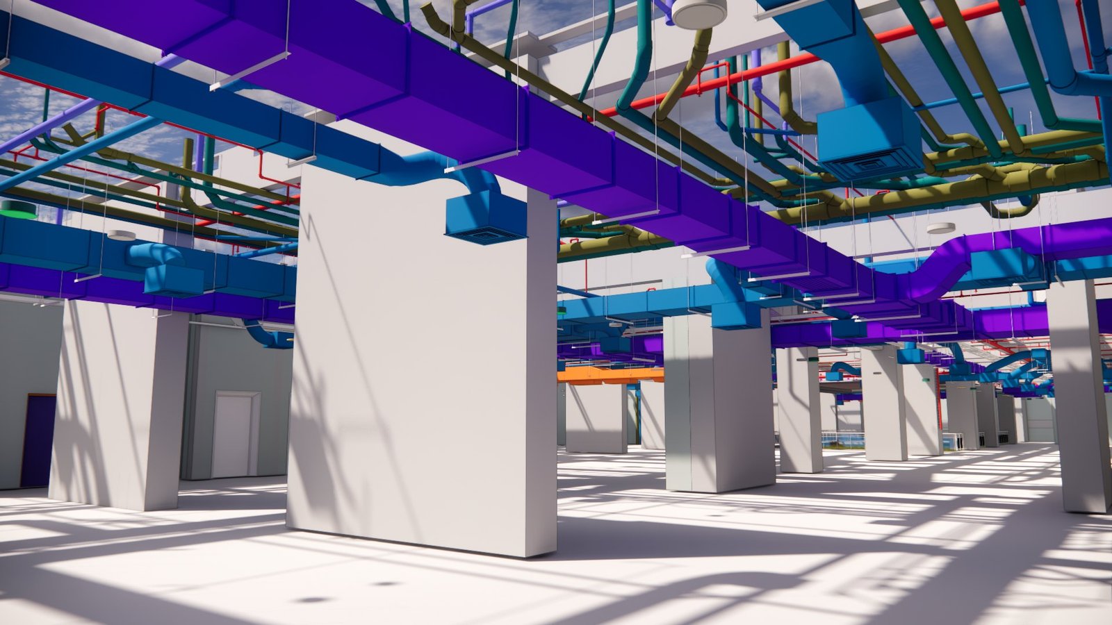Coordinated MEPF services model above a ceiling grid — ductwork, piping and conduit routed through structure