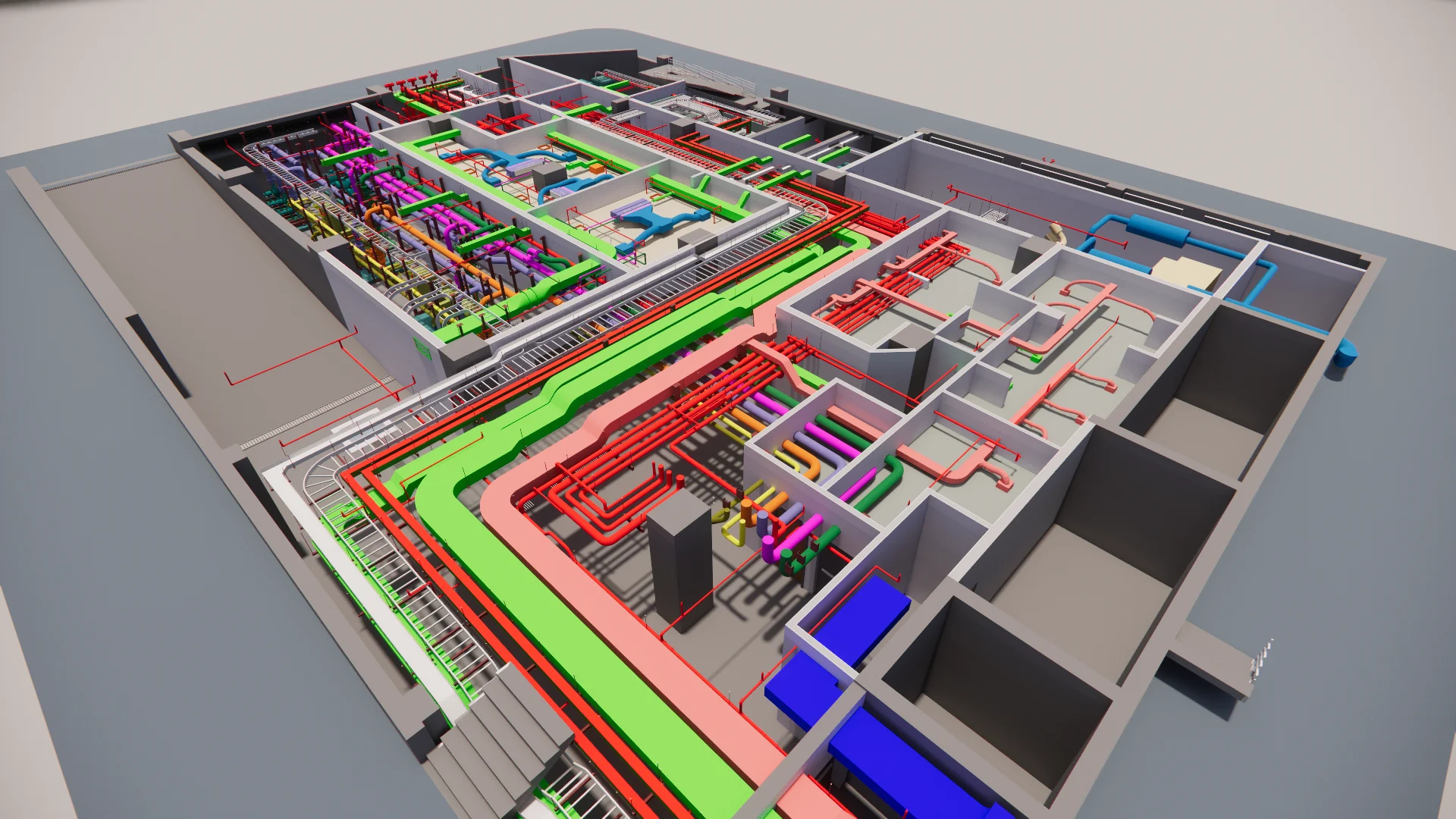 HVAC ductwork coordination — Enscape render showing duct runs and fire services