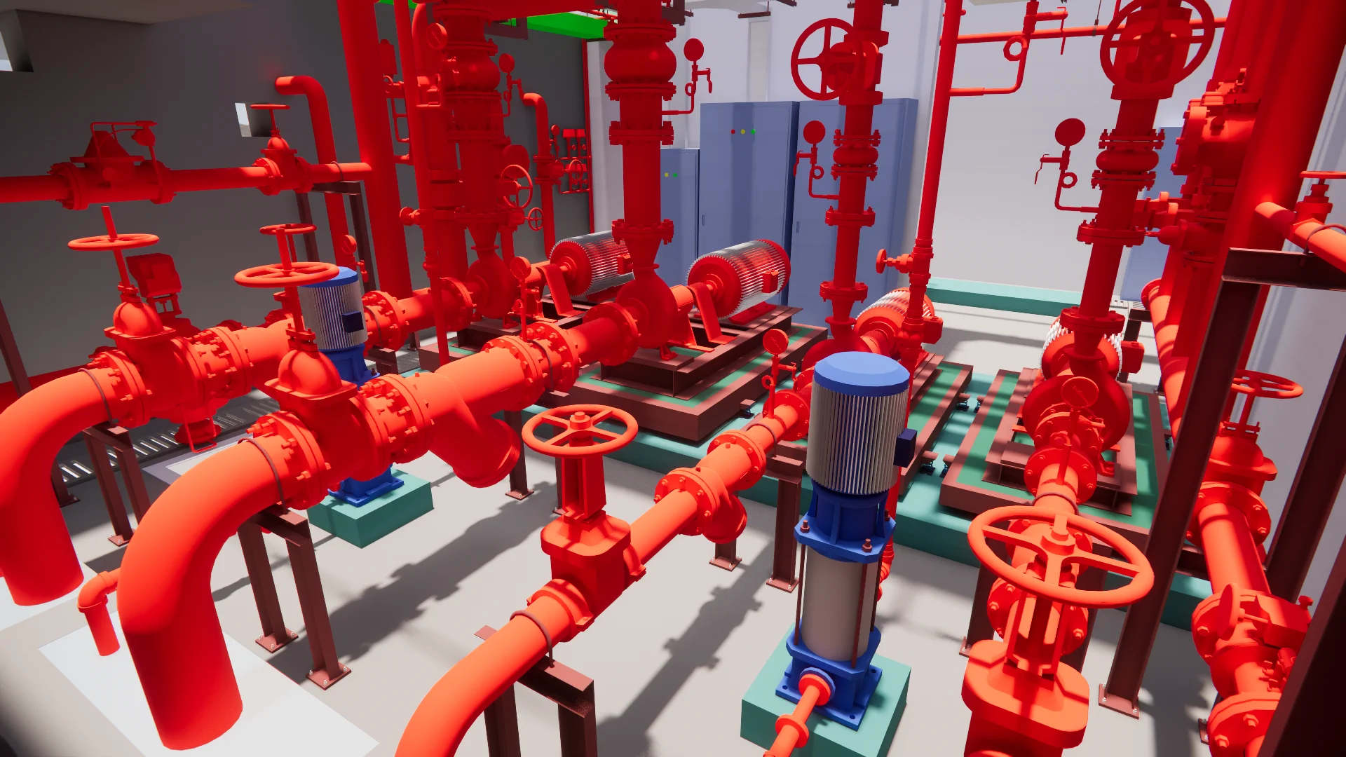 MEP mechanical plant room — Enscape render showing pipework and equipment